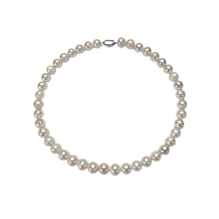 Natural freshwater pearl necklace featuring 10mm round pearls and a silver yuanbao clasp, styled in a full circle on a white background.