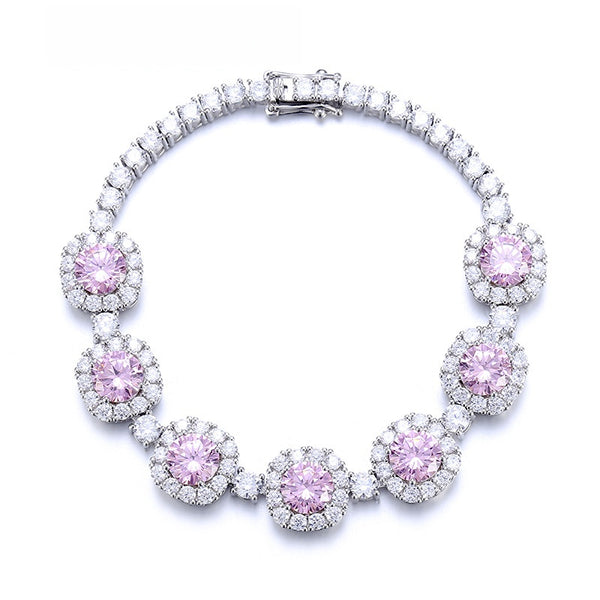 Luxury S925 sterling silver bracelet with pink cubic zirconia and halo setting for women
