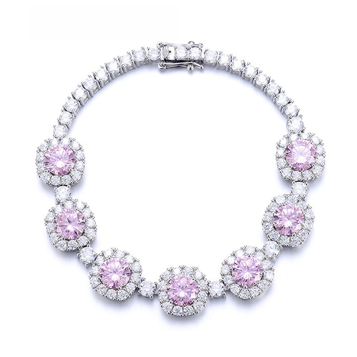 Luxury S925 sterling silver bracelet with pink cubic zirconia and halo setting for women