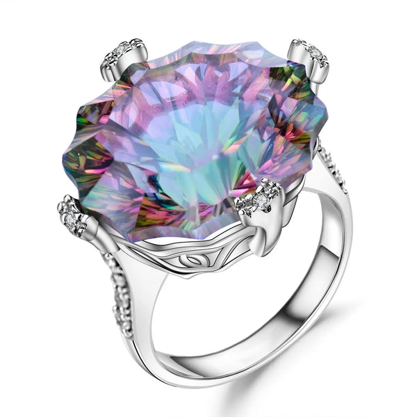 Natural Mystic Quartz Statement Ring â€?24 Carat Rainbow Quartz in 925 Sterling Silver Pearl Unique