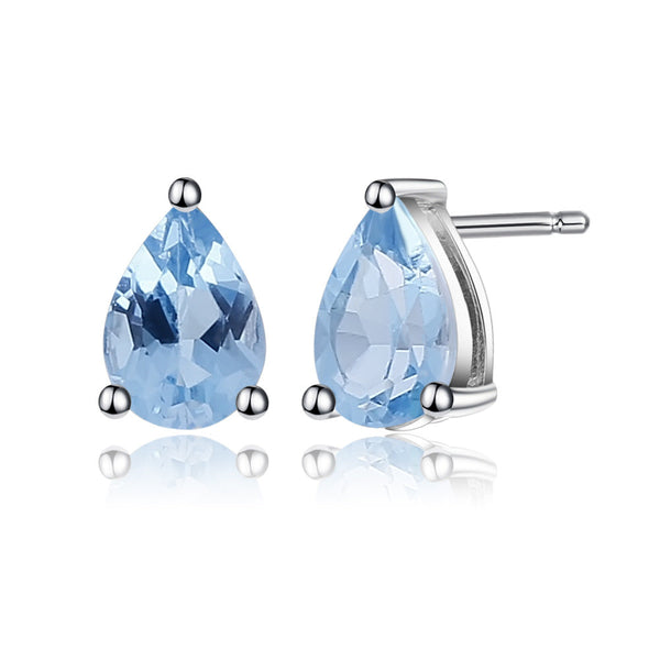 Natural Swiss Blue Topaz Pear Stud Earrings â€?925 Sterling Silver Minimalist Gemstone Jewelry Pearl Unique