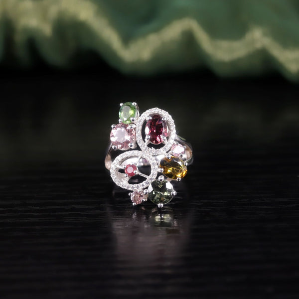 925 Sterling Silver Colorful Bubble Gem Ring â€?Natural Tourmaline Multi-Stone Design Pearl Unique