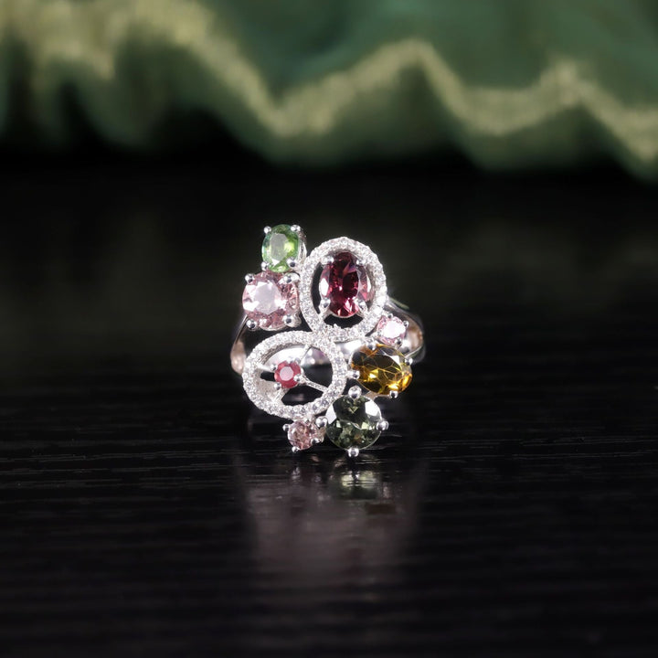 925 Sterling Silver Colorful Bubble Gem Ring â€?Natural Tourmaline Multi-Stone Design Pearl Unique
