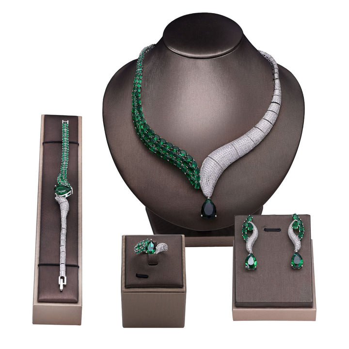 Luxury 4-Piece Jewelry Set â€?Necklace, Earrings, Ring & Bracelet with 3A Cubic Zirconia, Bridal Accessories Pearl Unique