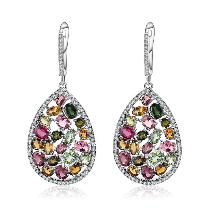 Natural Tourmaline Drop Earrings â€?Multicolor Gemstone 925 Sterling Silver Vintage Teardrop Design Pearl Unique