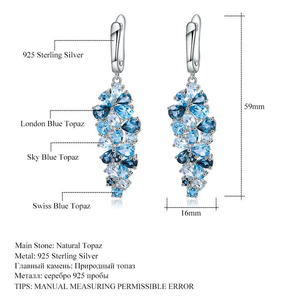 Natural Gemstone Drop Earrings â€?925 Sterling Silver Long Earrings (Blue Topaz / Green Agate / Garnet) Pearl Unique