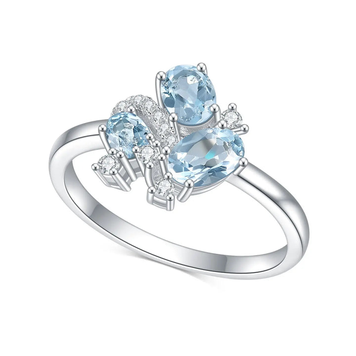 18K Gold Natural Blue Topaz Ring â€?Dainty Gemstone Cluster Ring (9K/10K/14K/18K Options) Pearl Unique