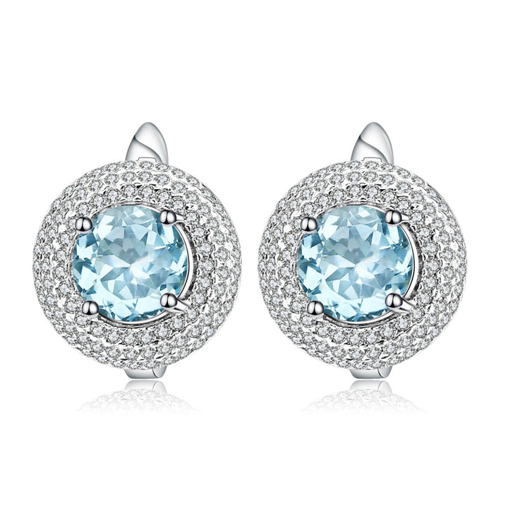 Natural sky blue topaz stud earrings 925 sterling silver with halo of white cubic zirconia