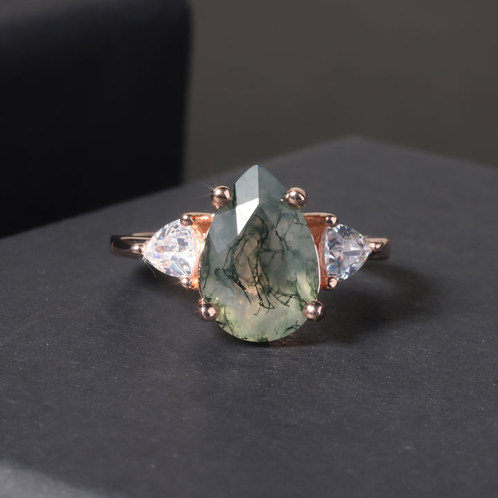 Natural moss agate gemstone ring with halo design in 18K rose gold on S925 silver