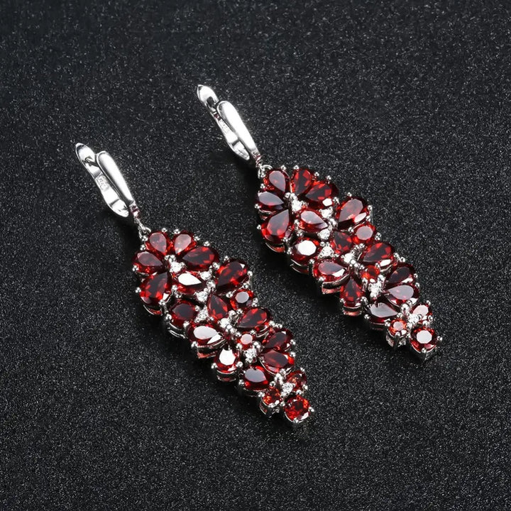 Natural Gemstone Drop Earrings â€?925 Sterling Silver Long Earrings (Blue Topaz / Green Agate / Garnet) Pearl Unique