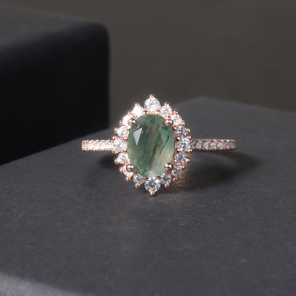 Natural Moss Agate Ring â€?18K Rose Gold Vermeil on S925 Sterling Silver Halo Design Pearl Unique