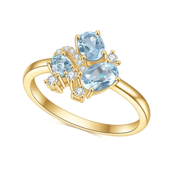 18K Gold Natural Blue Topaz Ring â€?Dainty Gemstone Cluster Ring (9K/10K/14K/18K Options) Pearl Unique