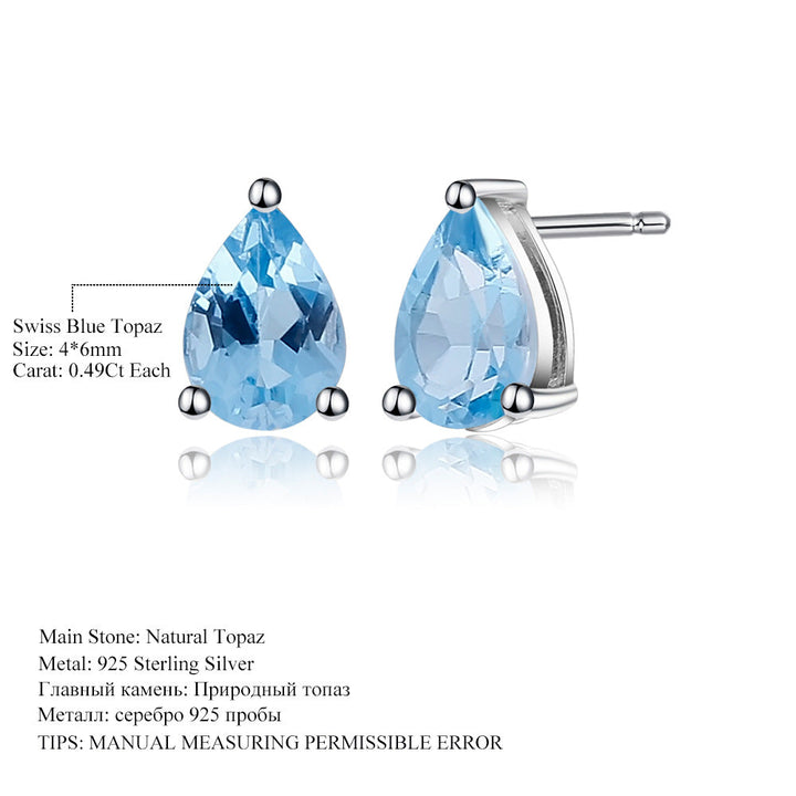 Natural Swiss Blue Topaz Pear Stud Earrings â€?925 Sterling Silver Minimalist Gemstone Jewelry Pearl Unique