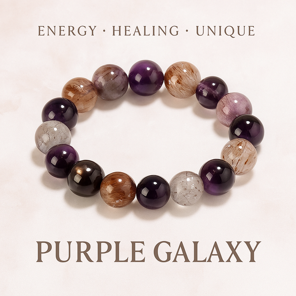 Natural Amethyst and Super Seven Purple Galaxy Bracelet â€?handcrafted crystal healing jewelry with purple and golden beads
