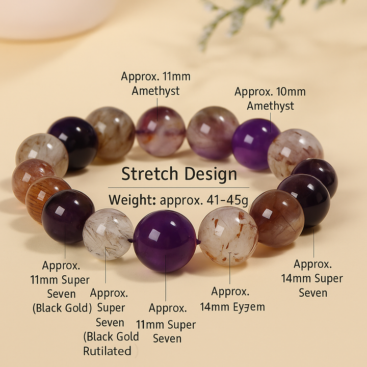 Close-up of Purple Galaxy Bracelet bead showing amethyst and super seven crystal mix, golden rutile and translucent textures