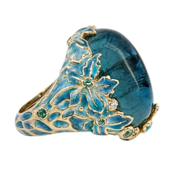 Alloy Inlaid Blue Tree Finger Cross-border Engagement Jewelry New Ins Jewelry Flower Ring Pearl Unique