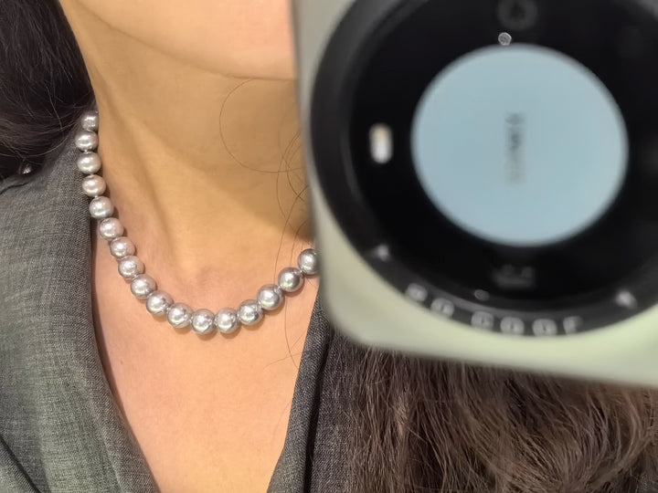 Close-up of grey freshwater pearl necklace with high luster finish