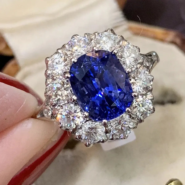 Imitation Natural Royal Sapphire Zircon Ring Women's Copper-plated Platinum Luxury Wedding Jewelry Pearl Unique