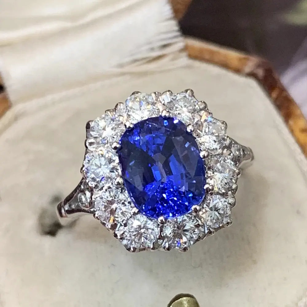 Imitation Natural Royal Sapphire Zircon Ring Women's Copper-plated Platinum Luxury Wedding Jewelry Pearl Unique