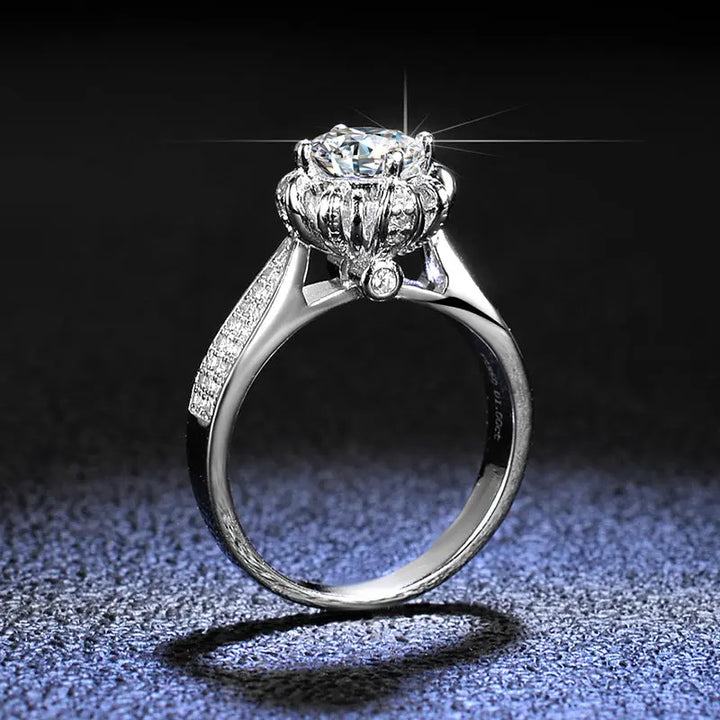 Floral-Inspired 6-Prong Round Cut in Sterling Silver - Lab-Created Moissanite Flower Halo Engagement Ring Pearl Unique