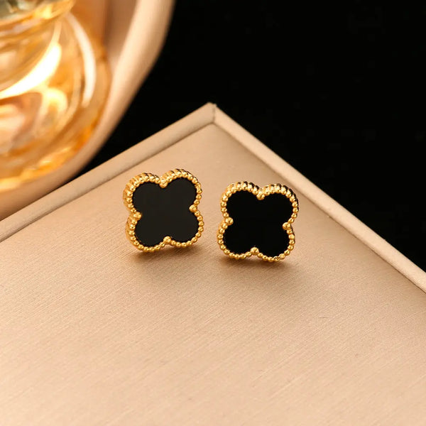 Of Fashion 18k Gold Titanium Steel Four-leaf Clover Earrings Women's Simple Shell High-end Earrings Internet Celebrity Personality Earrings Pearl Unique