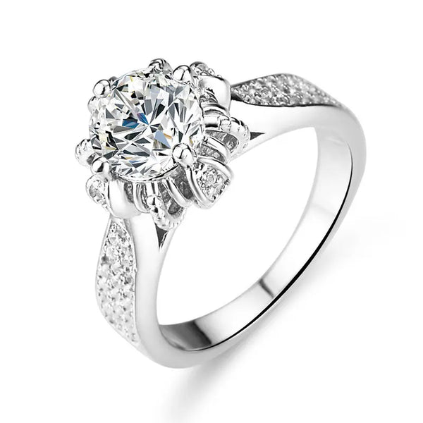 Floral-Inspired 6-Prong Round Cut in Sterling Silver - Lab-Created Moissanite Flower Halo Engagement Ring Pearl Unique