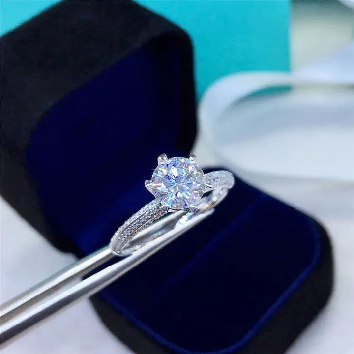 Lab-Created Moissanite Engagement Ring – Classic 6-Prong Round Cut with Pavé Band in Sterling Silver Pearl Unique