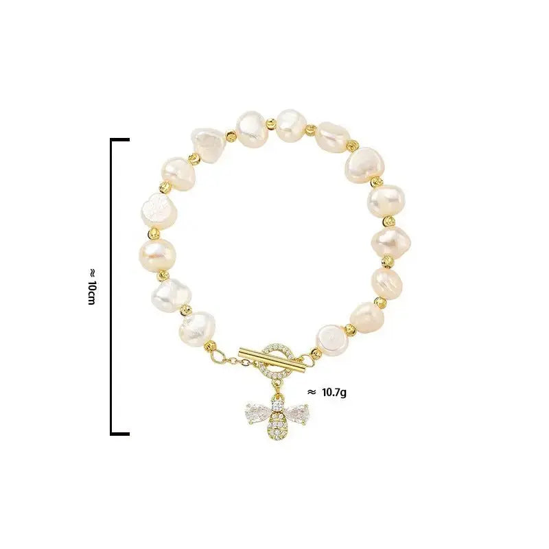 Baroque Irregular Freshwater Natural Pearl Bracelet Delicate Zircon Bee Pendant Real Gold - Pearl Unique