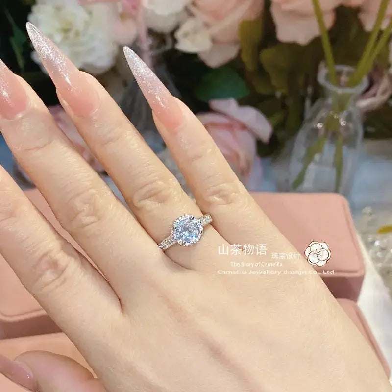 Camellia Hw 1 CT Full Diamond Ring, Micro - set Fire Color Zirconium Ring - Pearl Unique