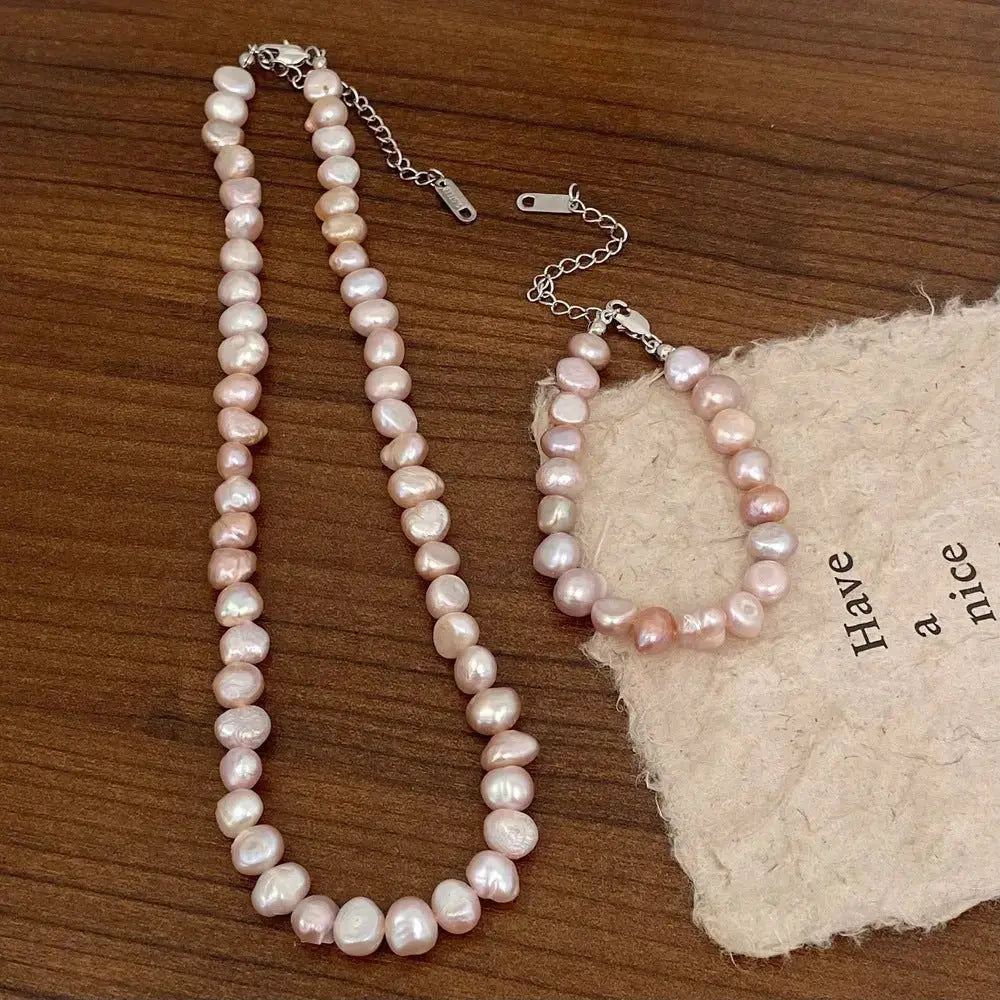 Colorful Freshwater Pearl Exquisite Beaded French Retro Baroque Collarbone Chain and Bracelet Set - Pearl Unique