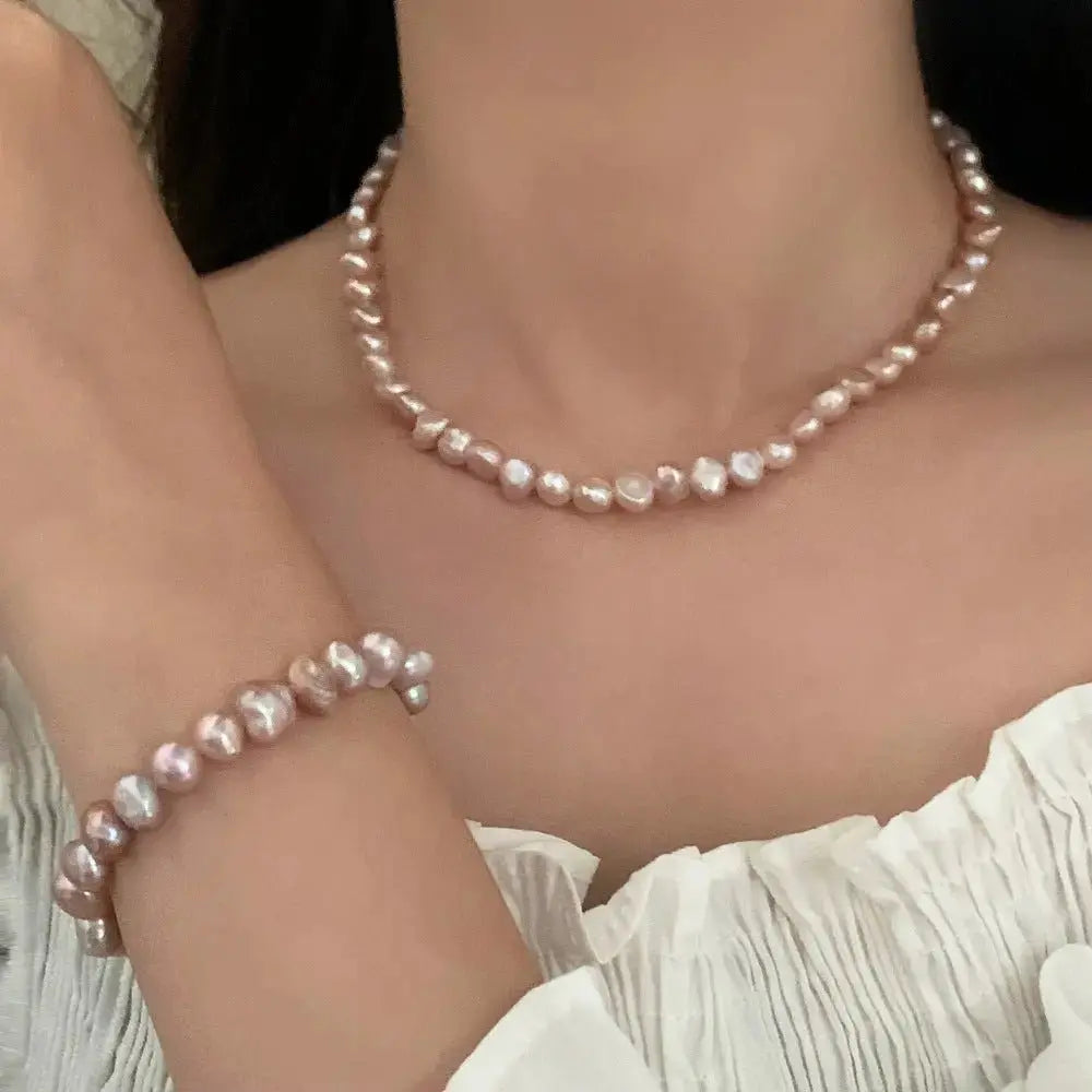 Colorful Freshwater Pearl Exquisite Beaded French Retro Baroque Collarbone Chain and Bracelet Set - Pearl Unique