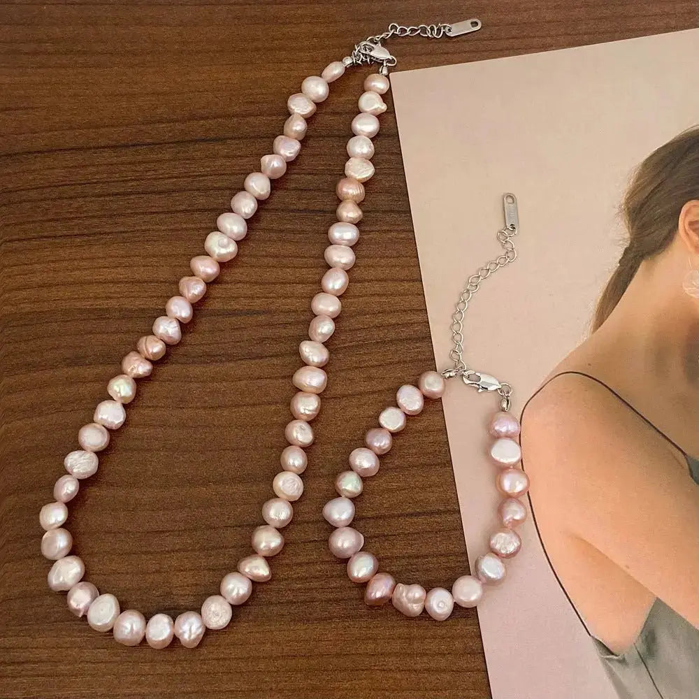 Colorful Freshwater Pearl Exquisite Beaded French Retro Baroque Collarbone Chain and Bracelet Set - Pearl Unique