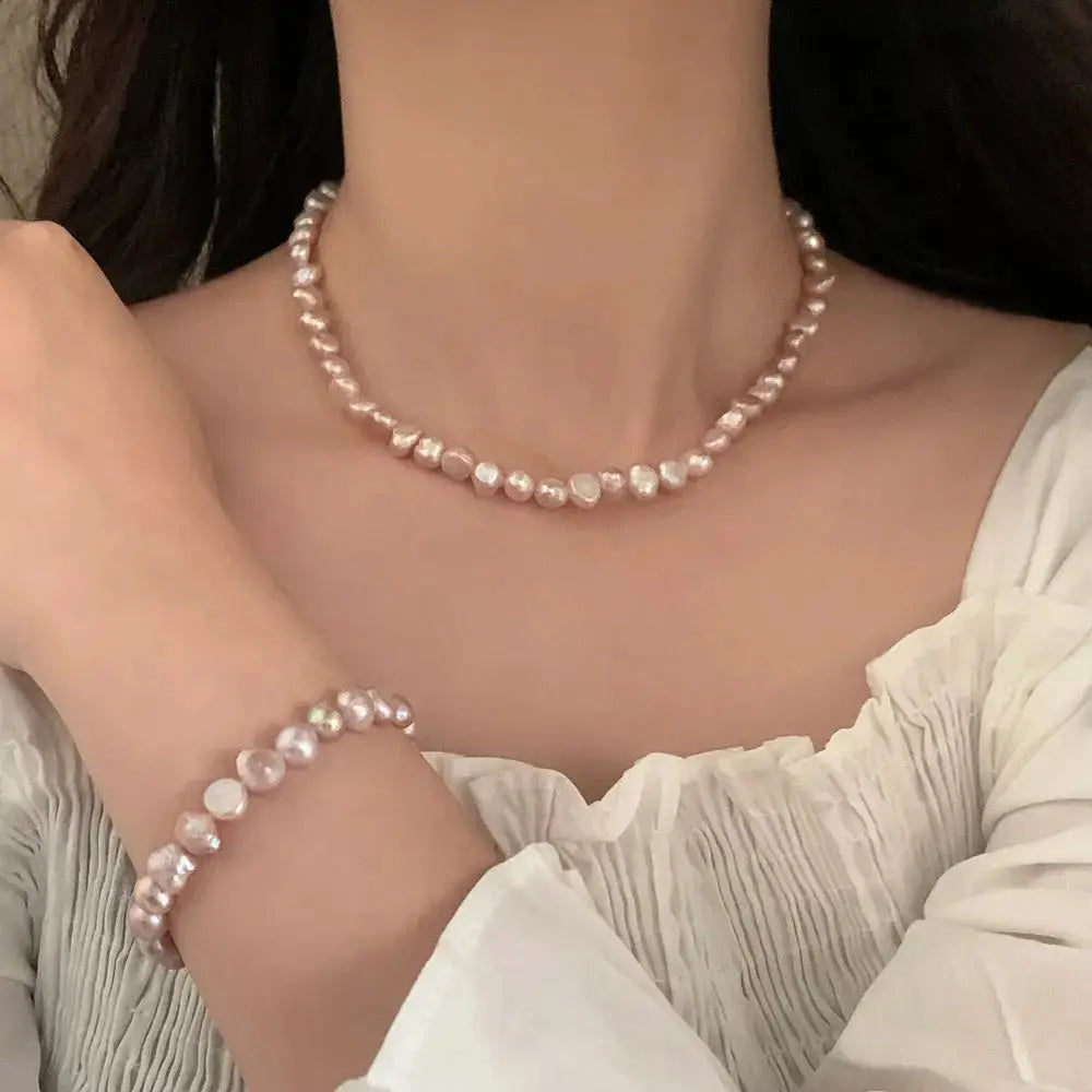 Colorful Freshwater Pearl Exquisite Beaded French Retro Baroque Collarbone Chain and Bracelet Set - Pearl Unique