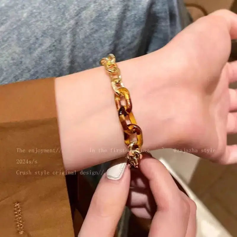 Contrast Color Leopard Print Metal Splicing Bracele - Pearl Unique
