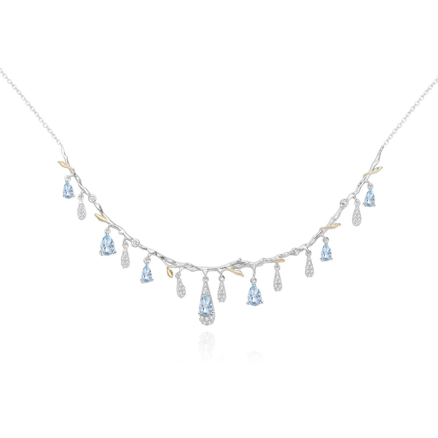 Natural Sky Blue Topaz & CZ Drop Necklace – Sterling Silver with Gold Accents Pearl Unique