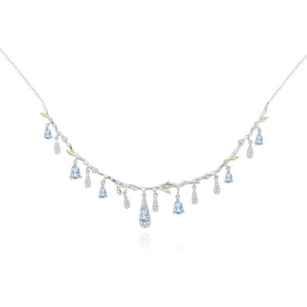 Natural Sky Blue Topaz & CZ Drop Necklace â€?Sterling Silver with Gold Accents Pearl Unique