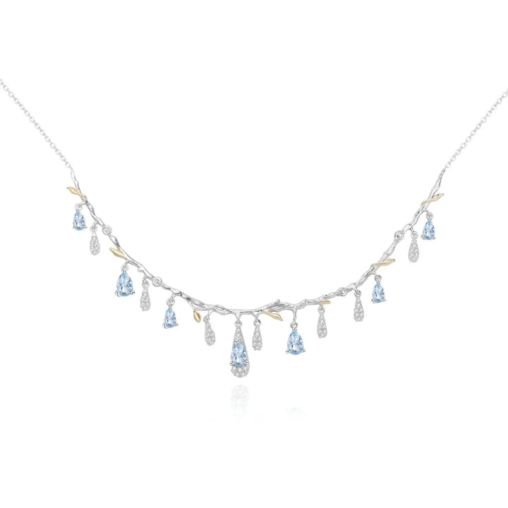 Natural Sky Blue Topaz & CZ Drop Necklace â€?Sterling Silver with Gold Accents Pearl Unique