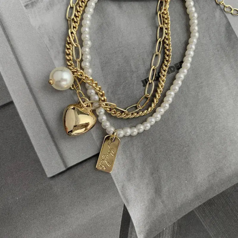 Multi - layer Love Bracelet Female Pearl Retro Cold Wind Creative Personality Bracelet Copper Plated Real Gold Pearl Bracelet - Pearl Unique
