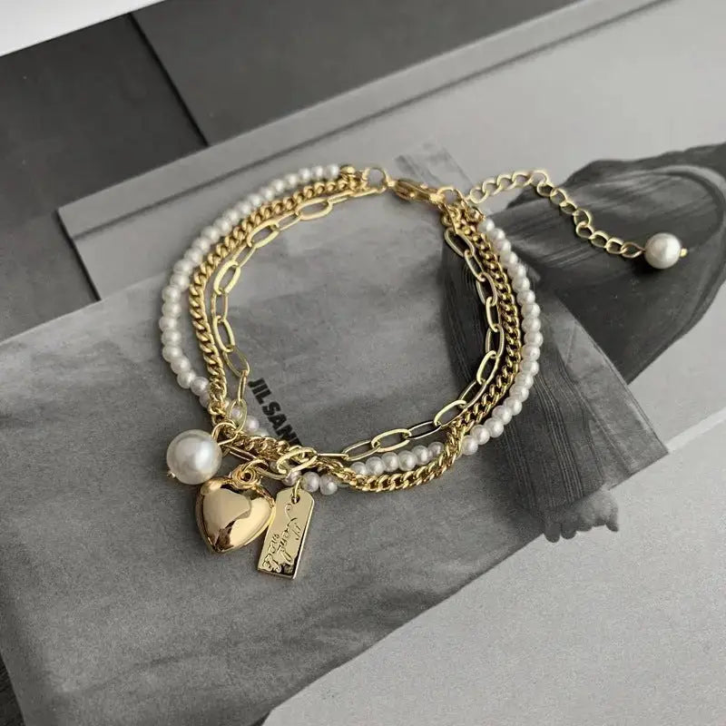 Multi - layer Love Bracelet Female Pearl Retro Cold Wind Creative Personality Bracelet Copper Plated Real Gold Pearl Bracelet - Pearl Unique
