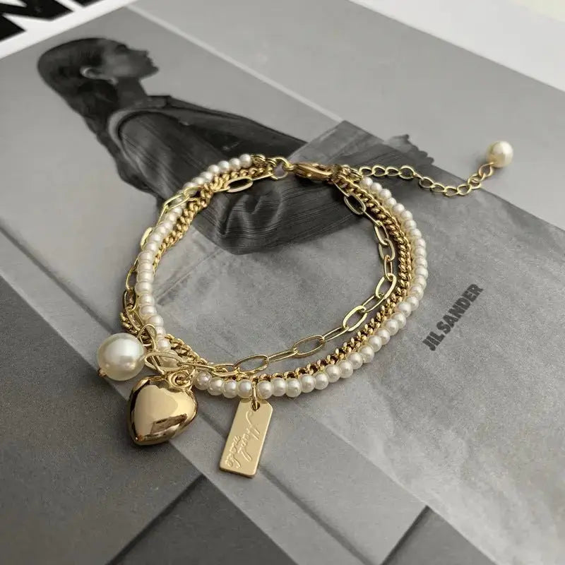 Multi - layer Love Bracelet Female Pearl Retro Cold Wind Creative Personality Bracelet Copper Plated Real Gold Pearl Bracelet - Pearl Unique