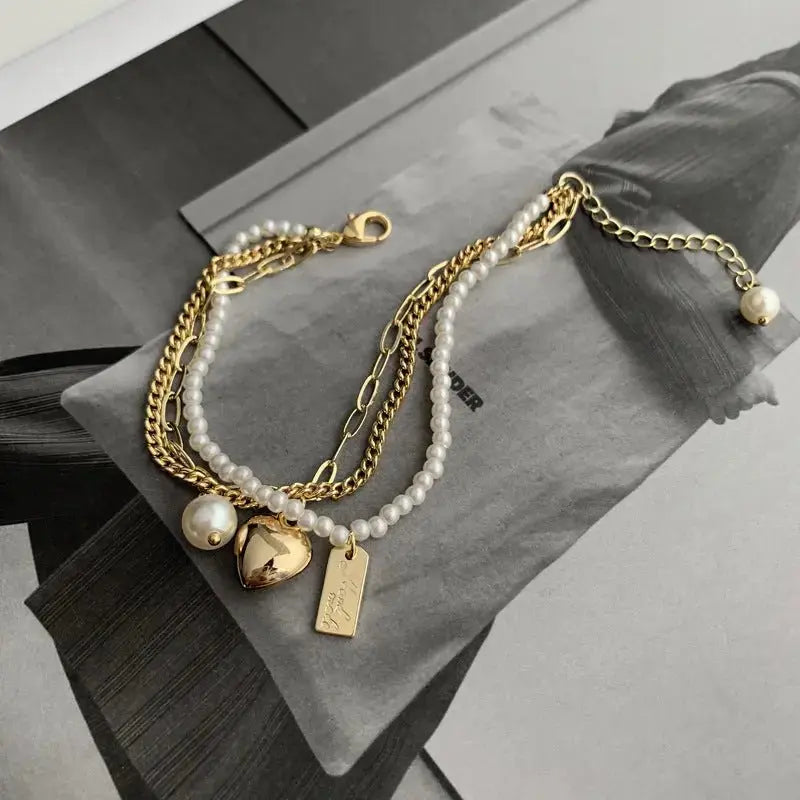 Multi - layer Love Bracelet Female Pearl Retro Cold Wind Creative Personality Bracelet Copper Plated Real Gold Pearl Bracelet - Pearl Unique