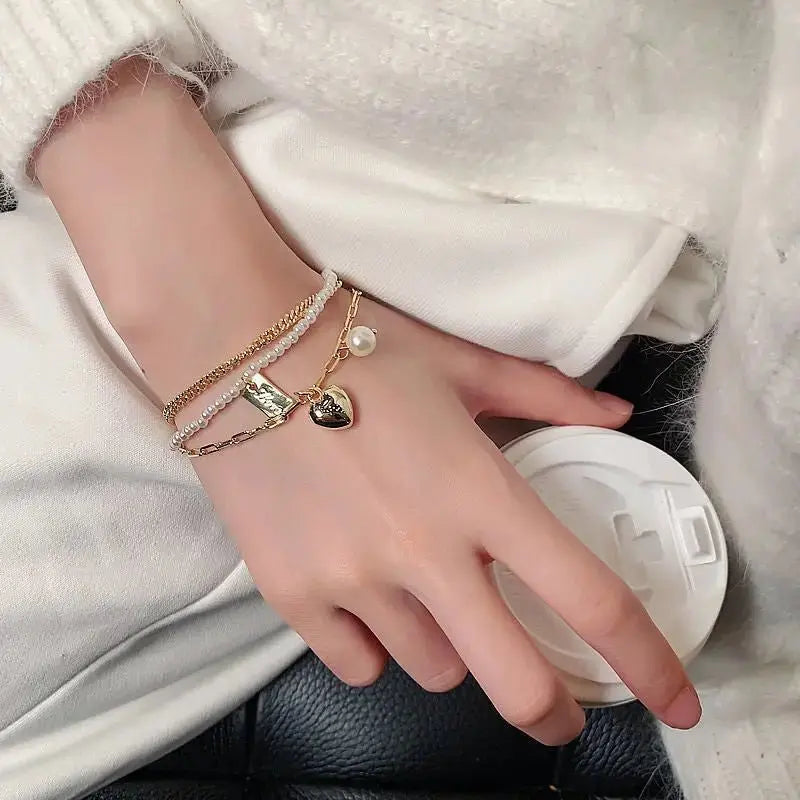 Multi - layer Love Bracelet Female Pearl Retro Cold Wind Creative Personality Bracelet Copper Plated Real Gold Pearl Bracelet - Pearl Unique