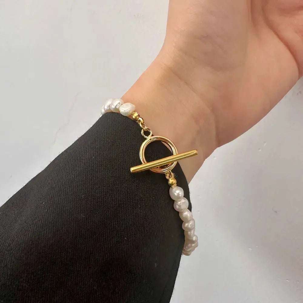 Natural Freshwater Pearl Ot Buckle Stainless Steel Necklace Bracelet Set - Pearl Unique