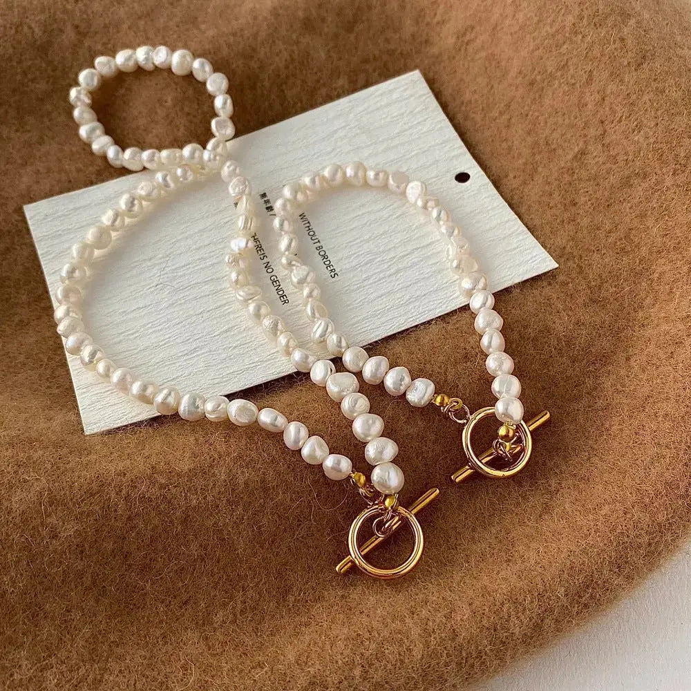 Natural Freshwater Pearl Ot Buckle Stainless Steel Necklace Bracelet Set - Pearl Unique