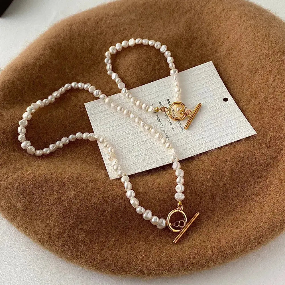 Natural Freshwater Pearl Ot Buckle Stainless Steel Necklace Bracelet Set - Pearl Unique