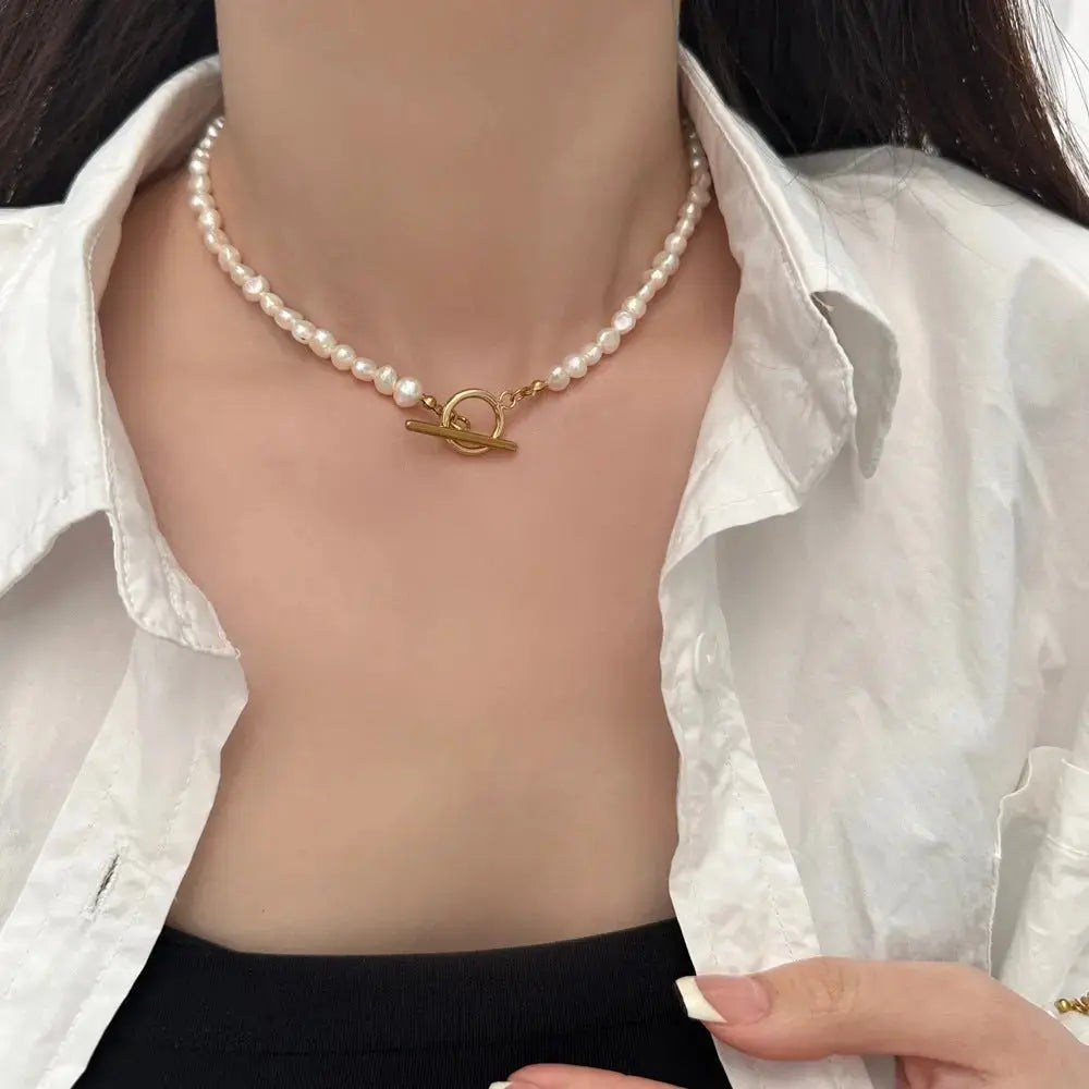 Natural Freshwater Pearl Ot Buckle Stainless Steel Necklace Bracelet Set - Pearl Unique