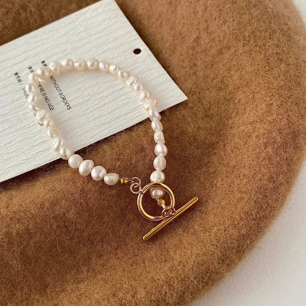 Natural Freshwater Pearl Ot Buckle Stainless Steel Necklace Bracelet Set - Pearl Unique