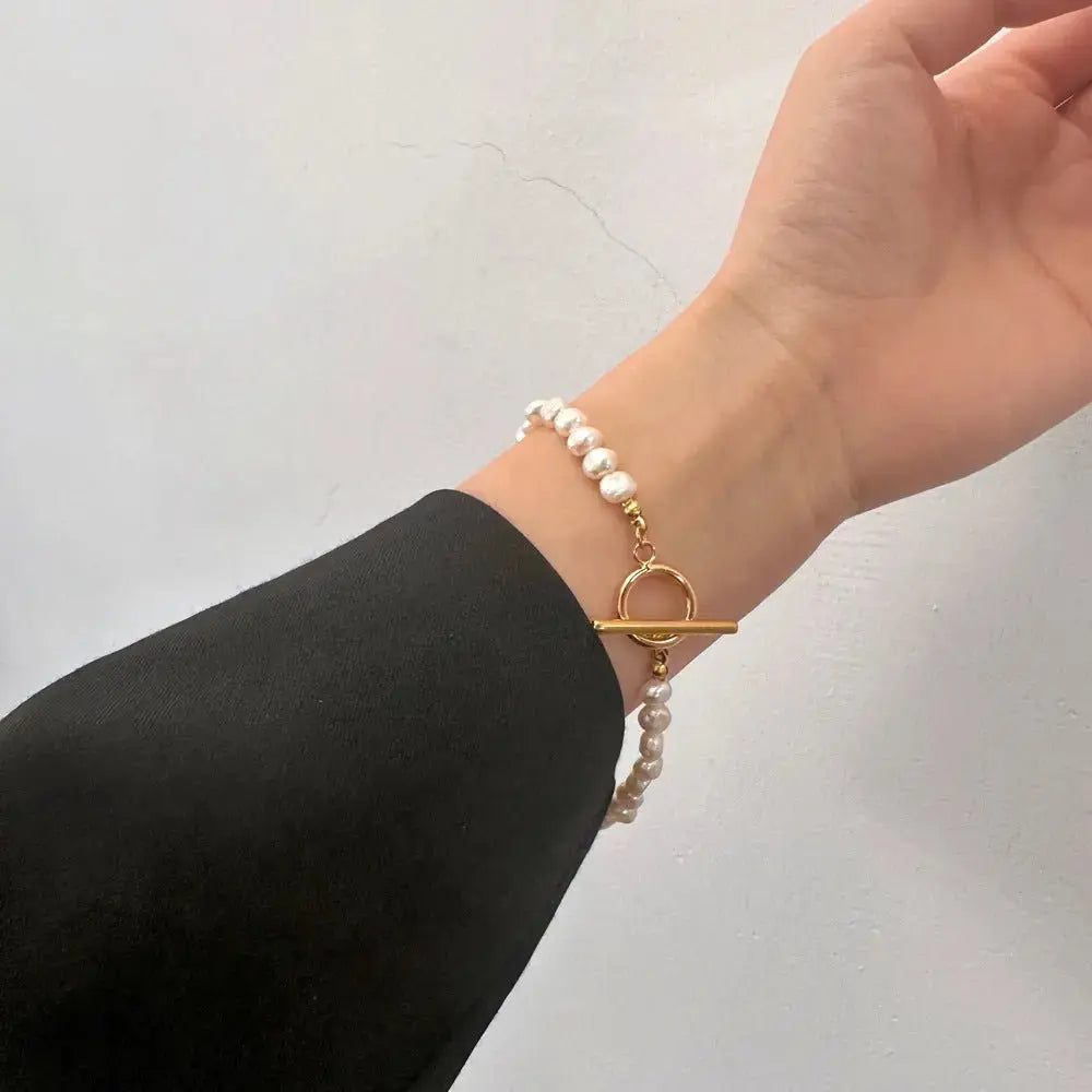 Natural Freshwater Pearl Ot Buckle Stainless Steel Necklace Bracelet Set - Pearl Unique
