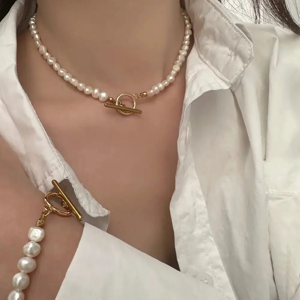 Natural Freshwater Pearl Ot Buckle Stainless Steel Necklace Bracelet Set - Pearl Unique