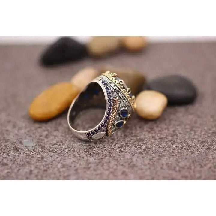 Retro colored diamond vintage retro gemstone ring two - color gold - plated wide - sided ring - Pearl Unique